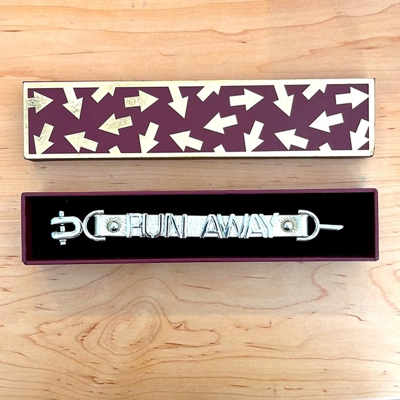 Leather RUN AWAY Cuff, Silver Tone over Gold Leather - Picture 1 of 6